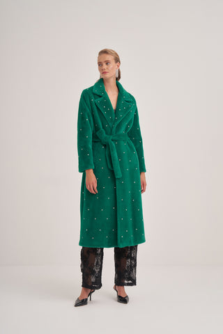 Taş Çakımlı Oversize Yarasa Kollu Kaban - Yeşil