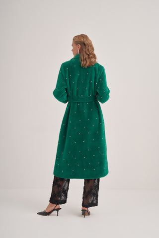 Taş Çakımlı Oversize Yarasa Kollu Kaban - Yeşil