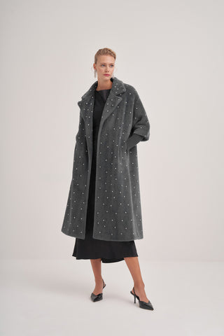 Kolları Triko Detaylı Taş Baskılı Kaban - gri