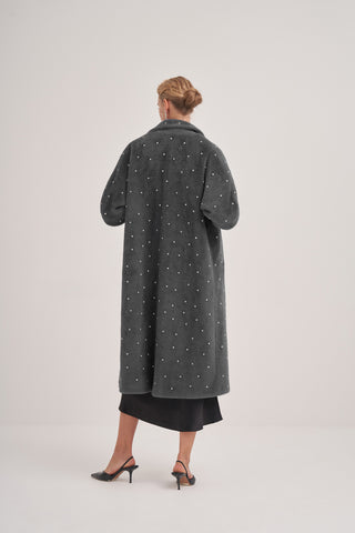 Kolları Triko Detaylı Taş Baskılı Kaban - gri