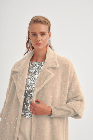 Kolları Triko Detaylı Taş Baskılı Kaban - açık bej