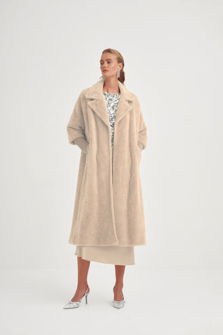 Kolları Triko Detaylı Taş Baskılı Kaban - açık bej