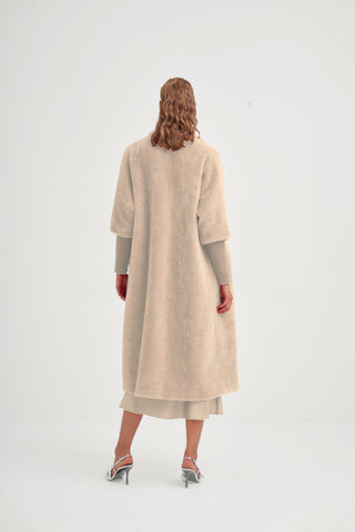 Kolları Triko Detaylı Taş Baskılı Kaban - açık bej