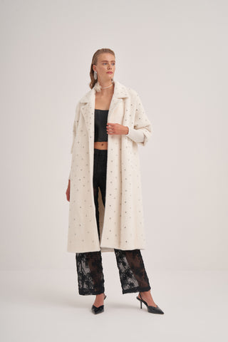 Kolları Triko Detaylı Taş Baskılı Kaban - ekru