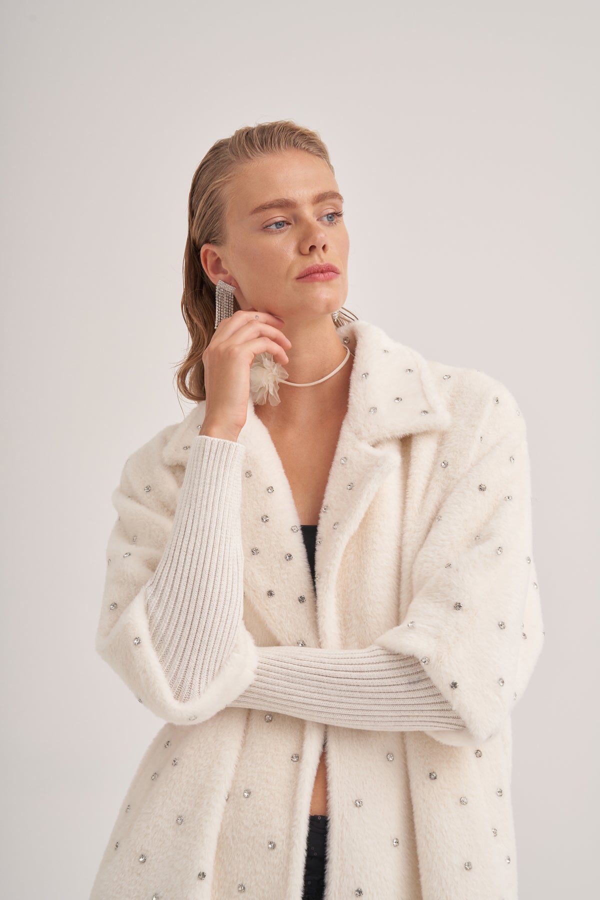 Kolları Triko Detaylı Taş Baskılı Kaban - ekru