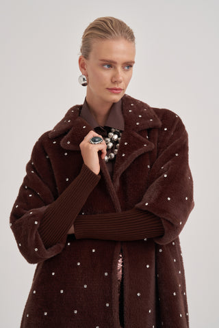 Kolları Triko Detaylı Taş Baskılı Kaban - kahve