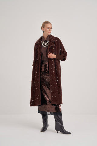 Kolları Triko Detaylı Taş Baskılı Kaban - kahve