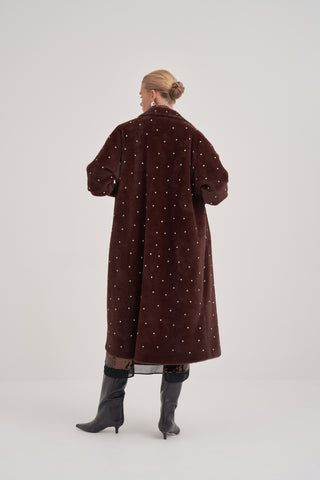 Kolları Triko Detaylı Taş Baskılı Kaban - kahve