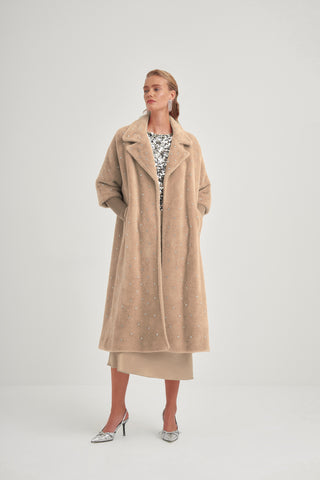 Kolları Triko Detaylı Taş Baskılı Kaban - koyu bej