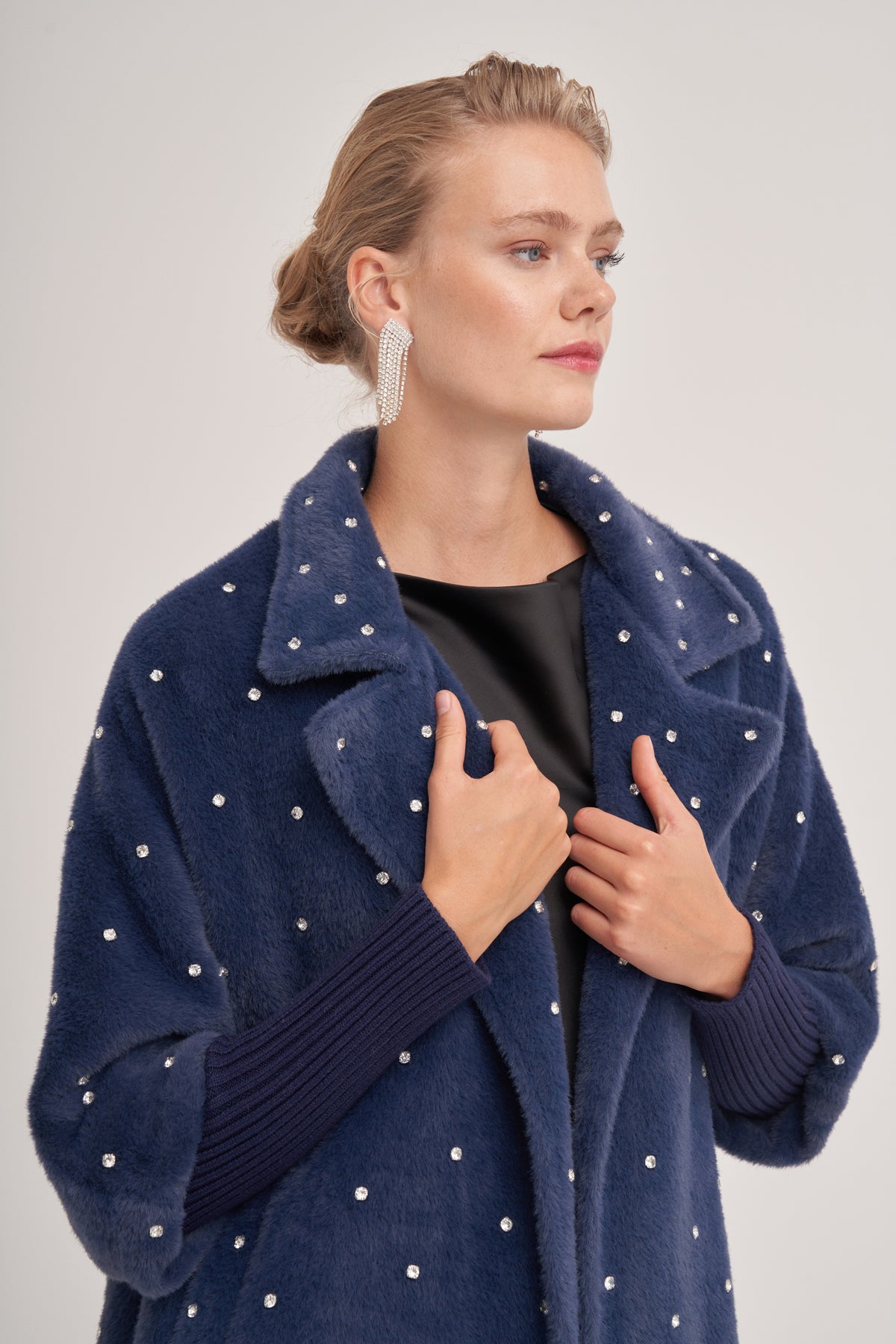 Kolları Triko Detaylı Taş Baskılı Kaban - lacivert