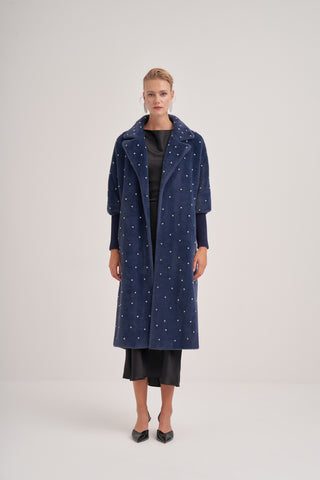 Kolları Triko Detaylı Taş Baskılı Kaban - indigo