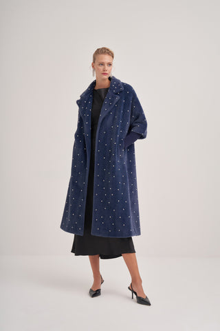 Kolları Triko Detaylı Taş Baskılı Kaban - indigo