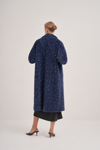 Kolları Triko Detaylı Taş Baskılı Kaban - lacivert