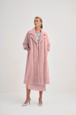 Kolları Triko Detaylı Taş Baskılı Kaban - pudra