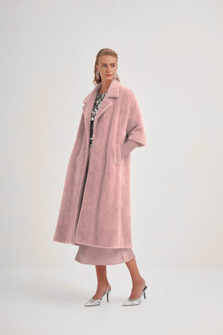 Kolları Triko Detaylı Taş Baskılı Kaban - pudra