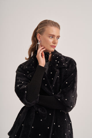 Kolları Triko Detaylı Taş Baskılı Kaban - siyah