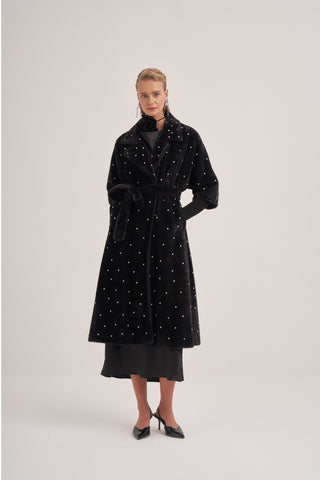 Kolları Triko Detaylı Taş Baskılı Kaban - siyah