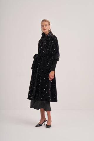 Kolları Triko Detaylı Taş Baskılı Kaban - siyah