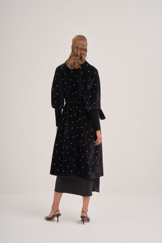 Kolları Triko Detaylı Taş Baskılı Kaban - siyah