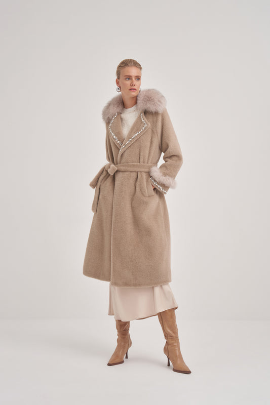 Kol ve Yaka Kürk ve Taş Detaylı Kaban - koyu bej