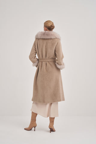 Kol ve Yaka Kürk ve Taş Detaylı Kaban - koyu bej