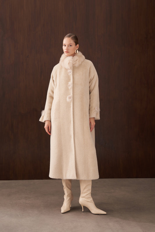 Kürk detaylı Angora Kaban - koyu bej
