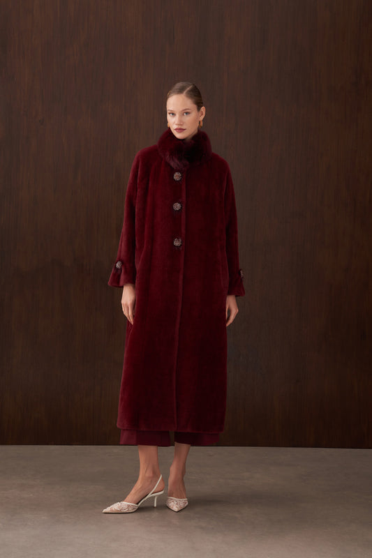 Kürk detaylı Angora Kaban - bordo