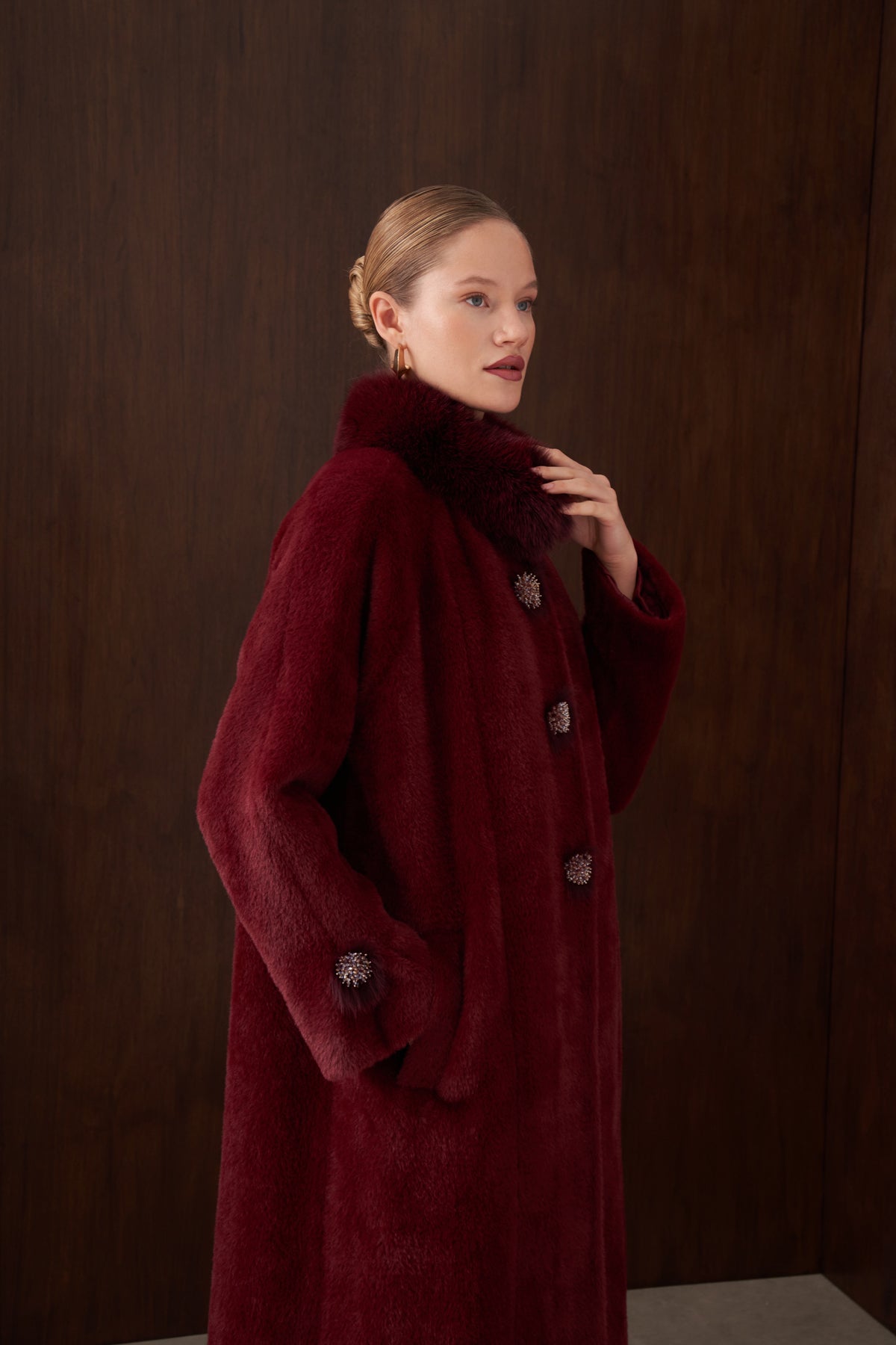 Kürk detaylı Angora Kaban - bordo