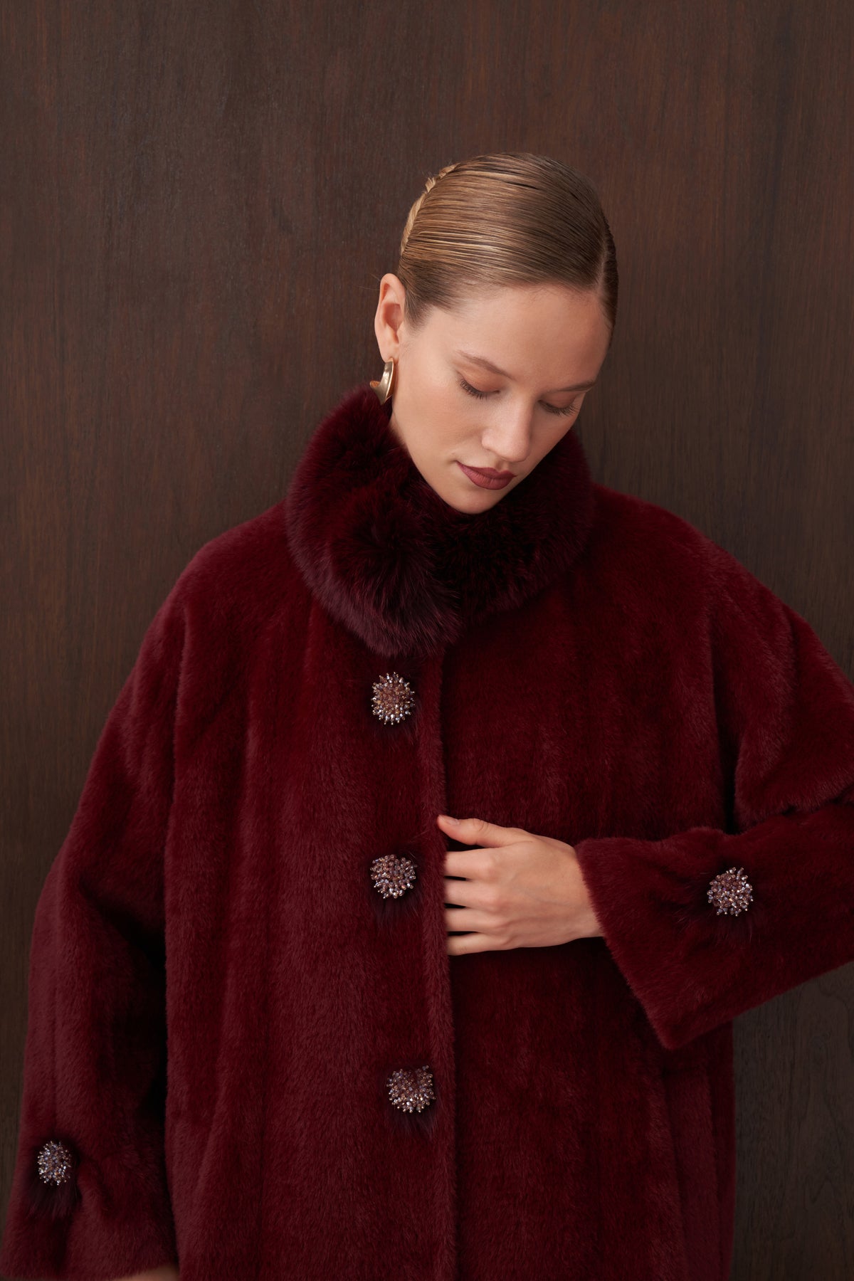 Kürk detaylı Angora Kaban - bordo