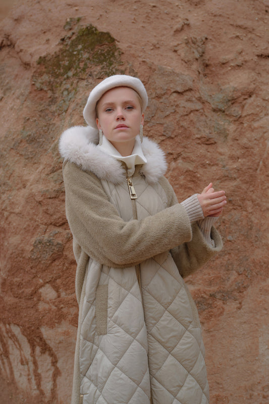 Kapüşonlu Angora Şişme Mont - Bej