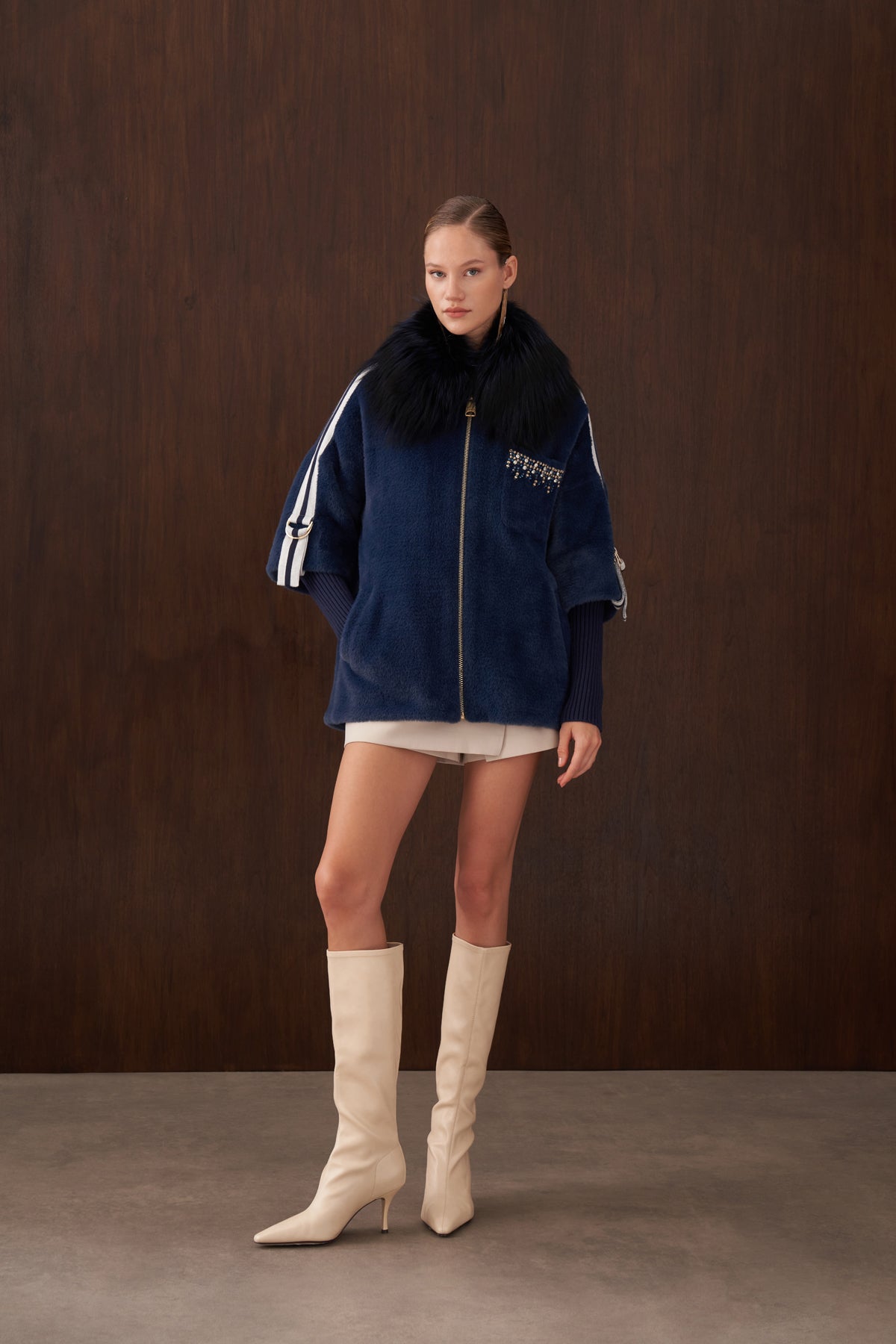 Elişi Cep ve Triko Detaylı Kürklü Angora Kaban - indigo