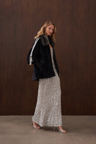 Elişi Cep ve Triko Detaylı Kürklü Angora Kaban - siyah