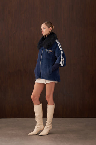 Elişi Cep ve Triko Detaylı Kürklü Angora Kaban - indigo