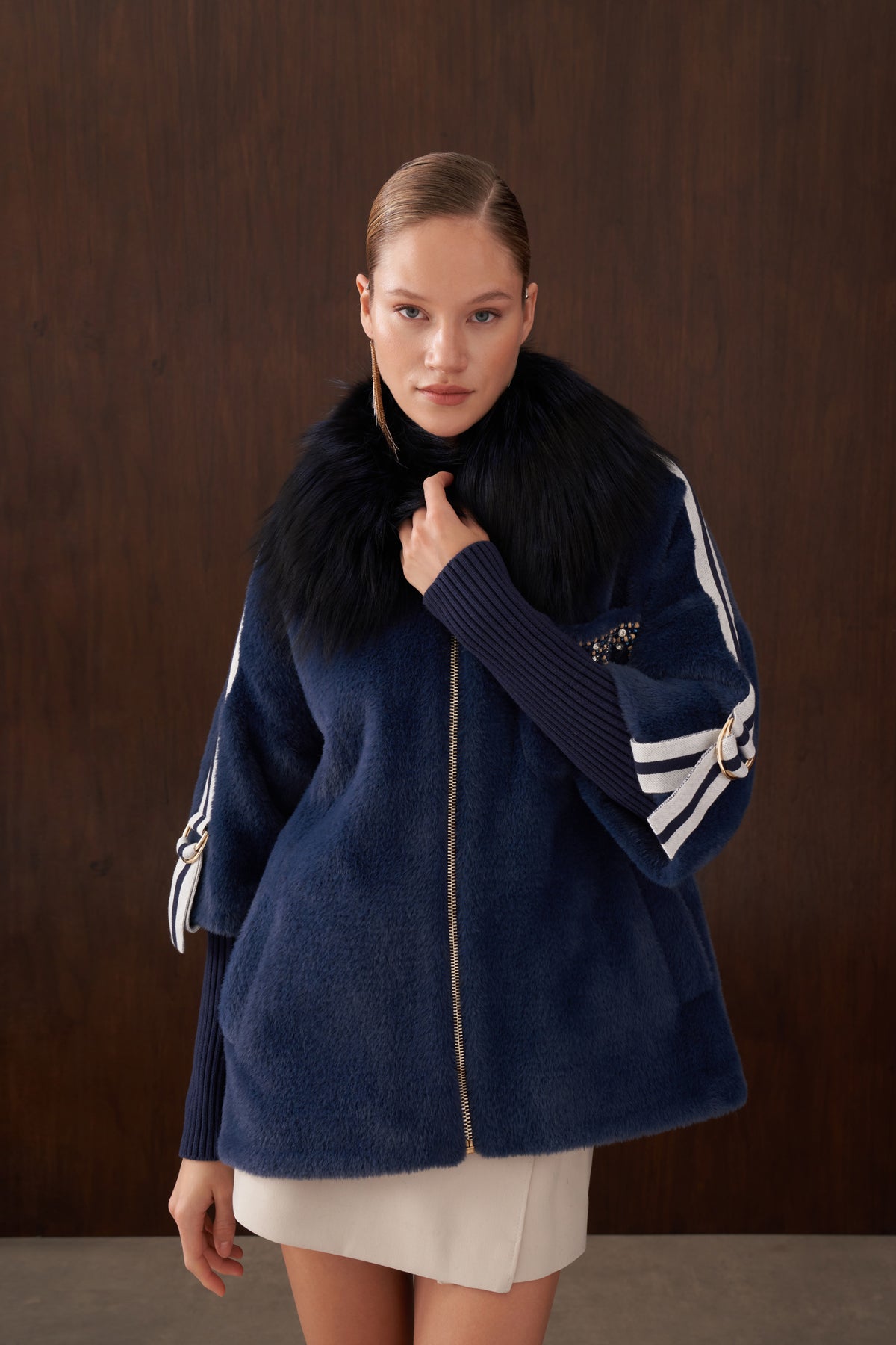 Elişi Cep ve Triko Detaylı Kürklü Angora Kaban - indigo