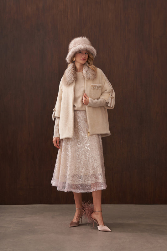 Elişi Cep ve Triko Detaylı Kürklü Angora Kaban - açık bej