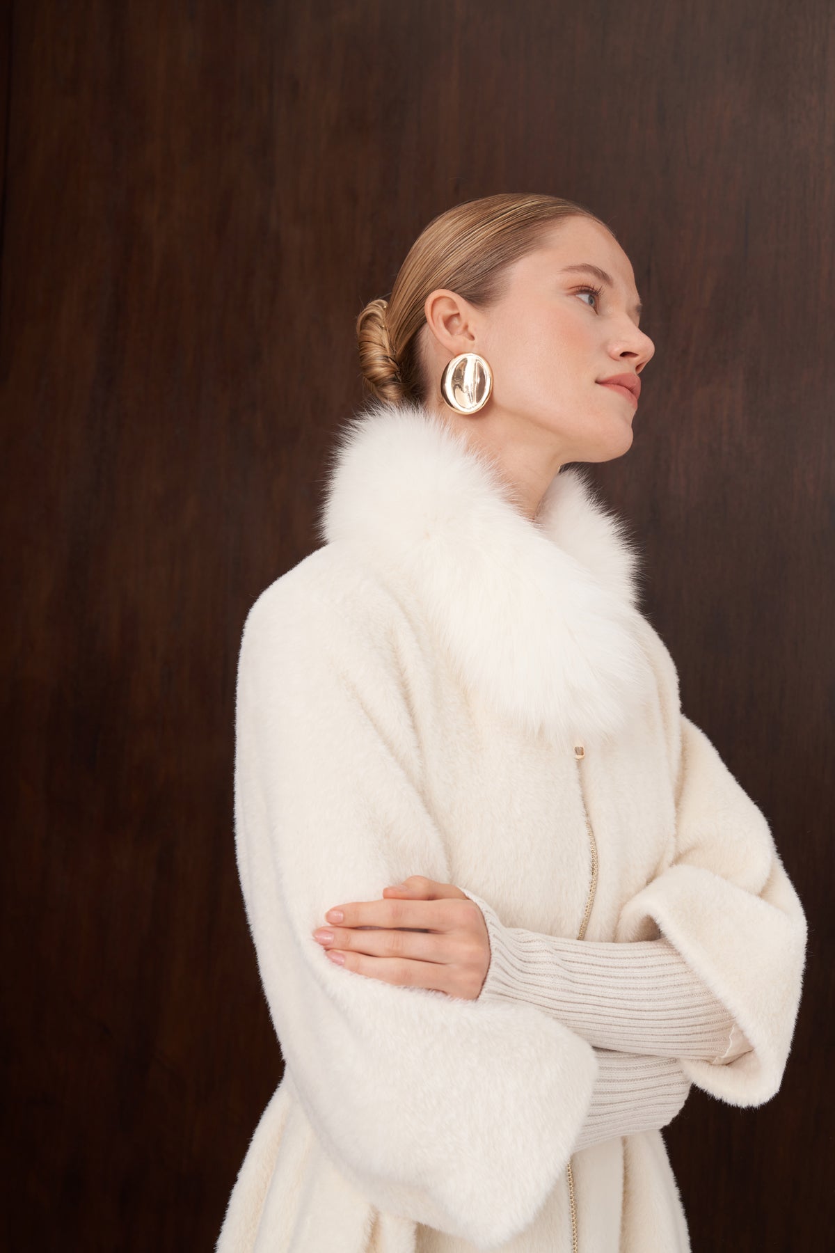 Fermuar Triko ve Kürk Detaylı Angora Kaban - ekru