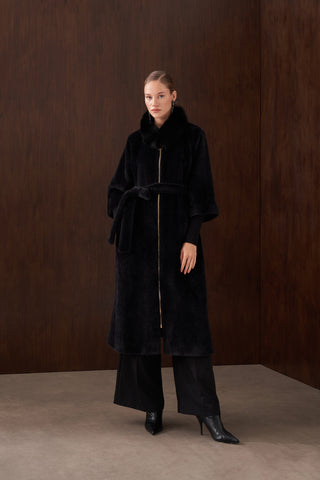 Fermuar Triko ve Kürk Detaylı Angora Kaban - siyah