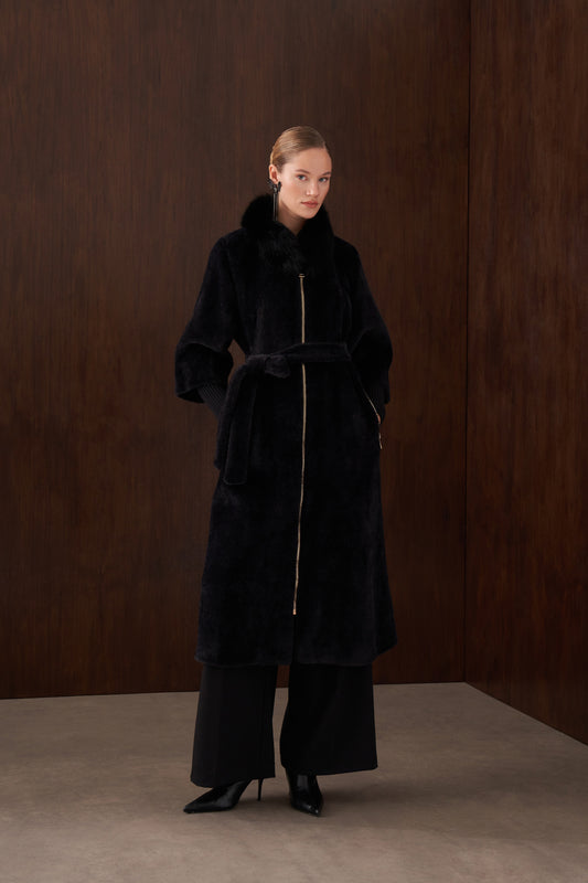 Fermuar Triko ve Kürk Detaylı Angora Kaban - siyah