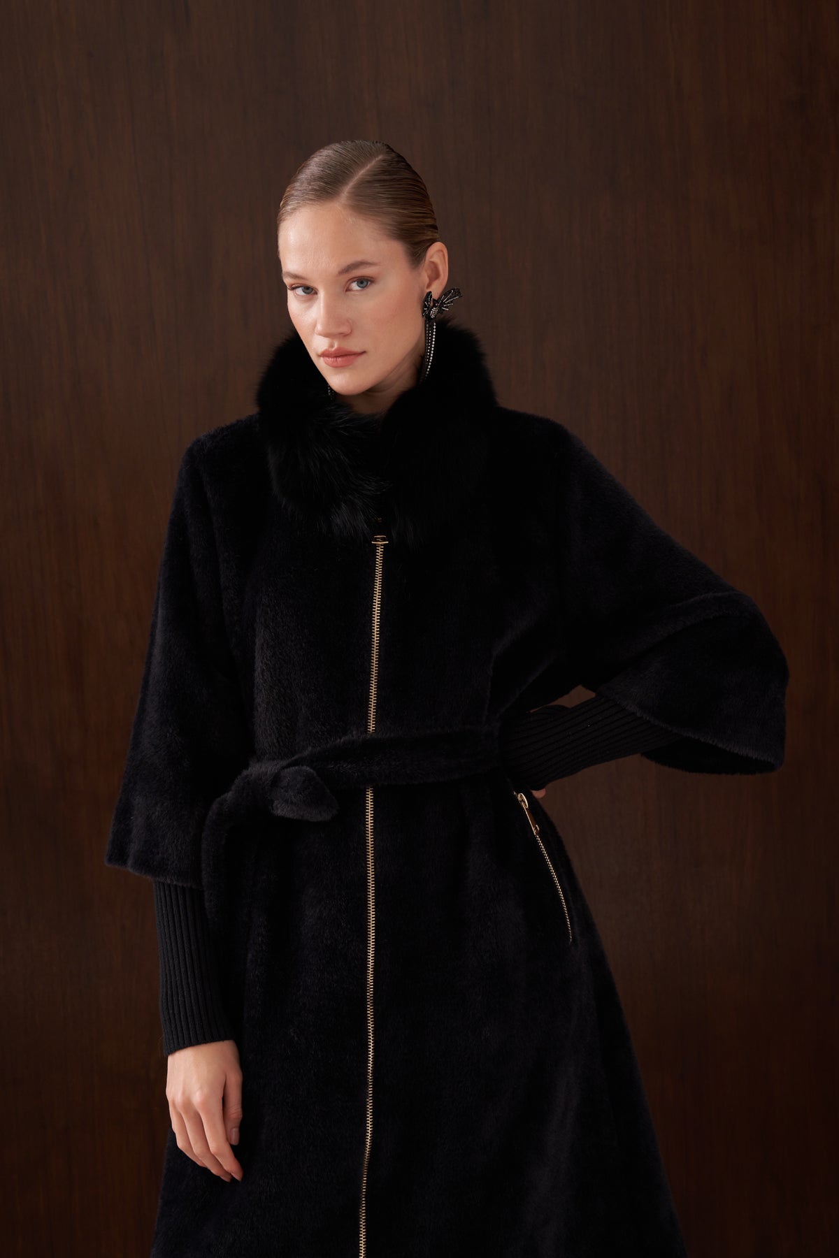 Fermuar Triko ve Kürk Detaylı Angora Kaban - siyah