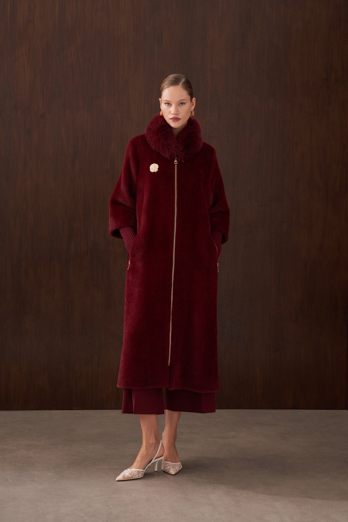 Fermuar Triko ve Kürk Detaylı Angora Kaban - bordo