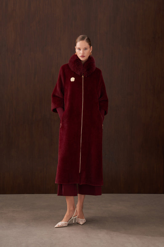 Fermuar Triko ve Kürk Detaylı Angora Kaban - bordo