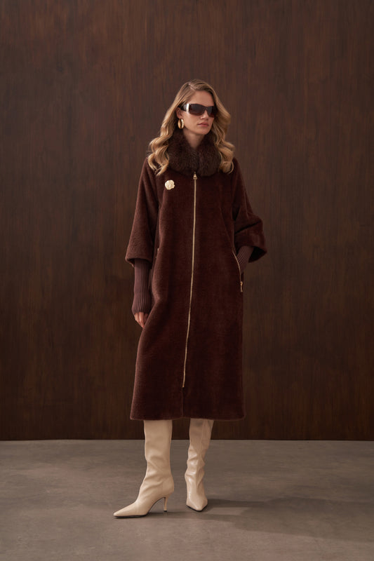 Fermuar Triko ve Kürk Detaylı Angora Kaban - kahve