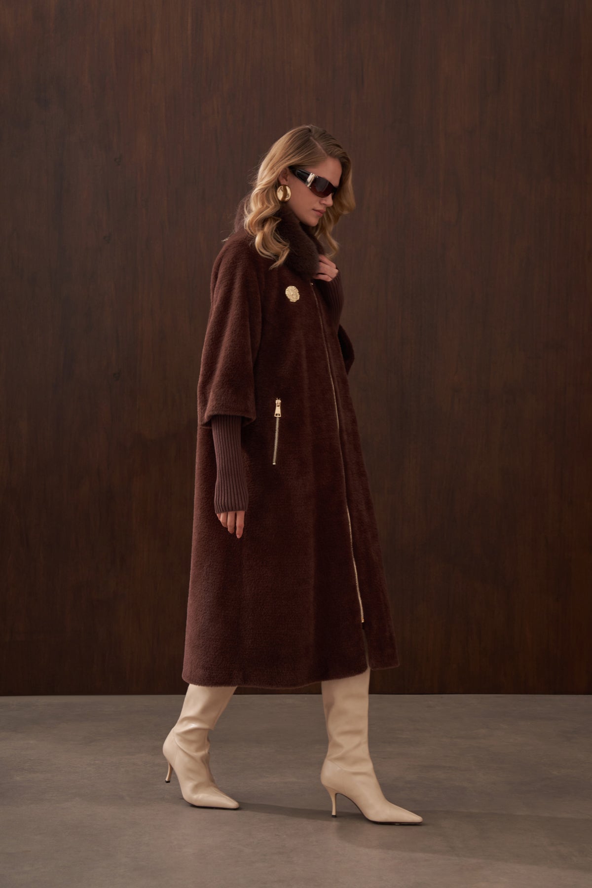 Fermuar Triko ve Kürk Detaylı Angora Kaban - kahve