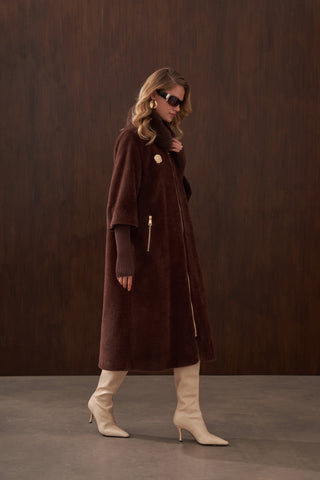 Fermuar Triko ve Kürk Detaylı Angora Kaban - kahve