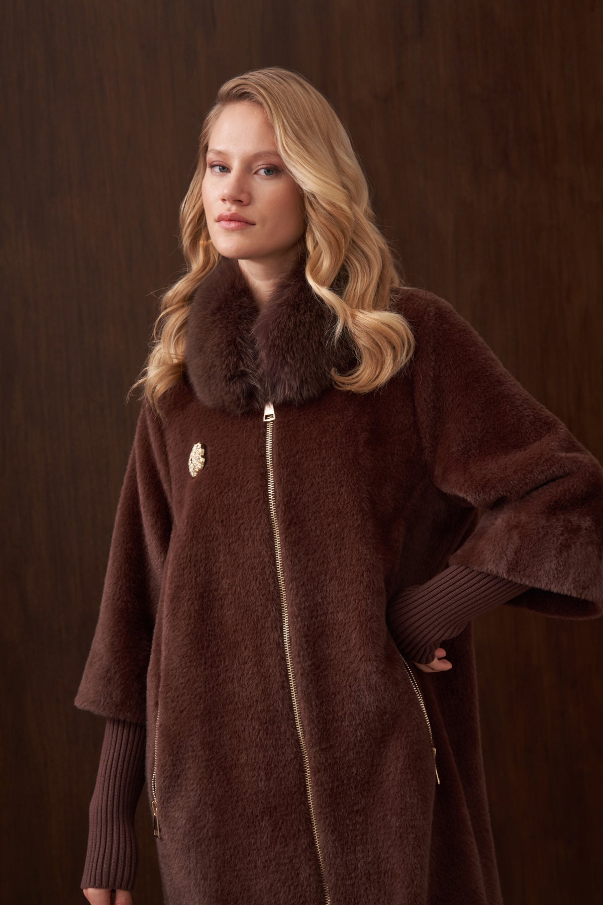 Fermuar Triko ve Kürk Detaylı Angora Kaban - kahve