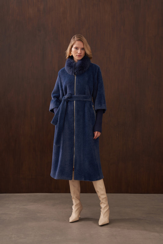 Fermuar Triko ve Kürk Detaylı Angora Kaban - indigo