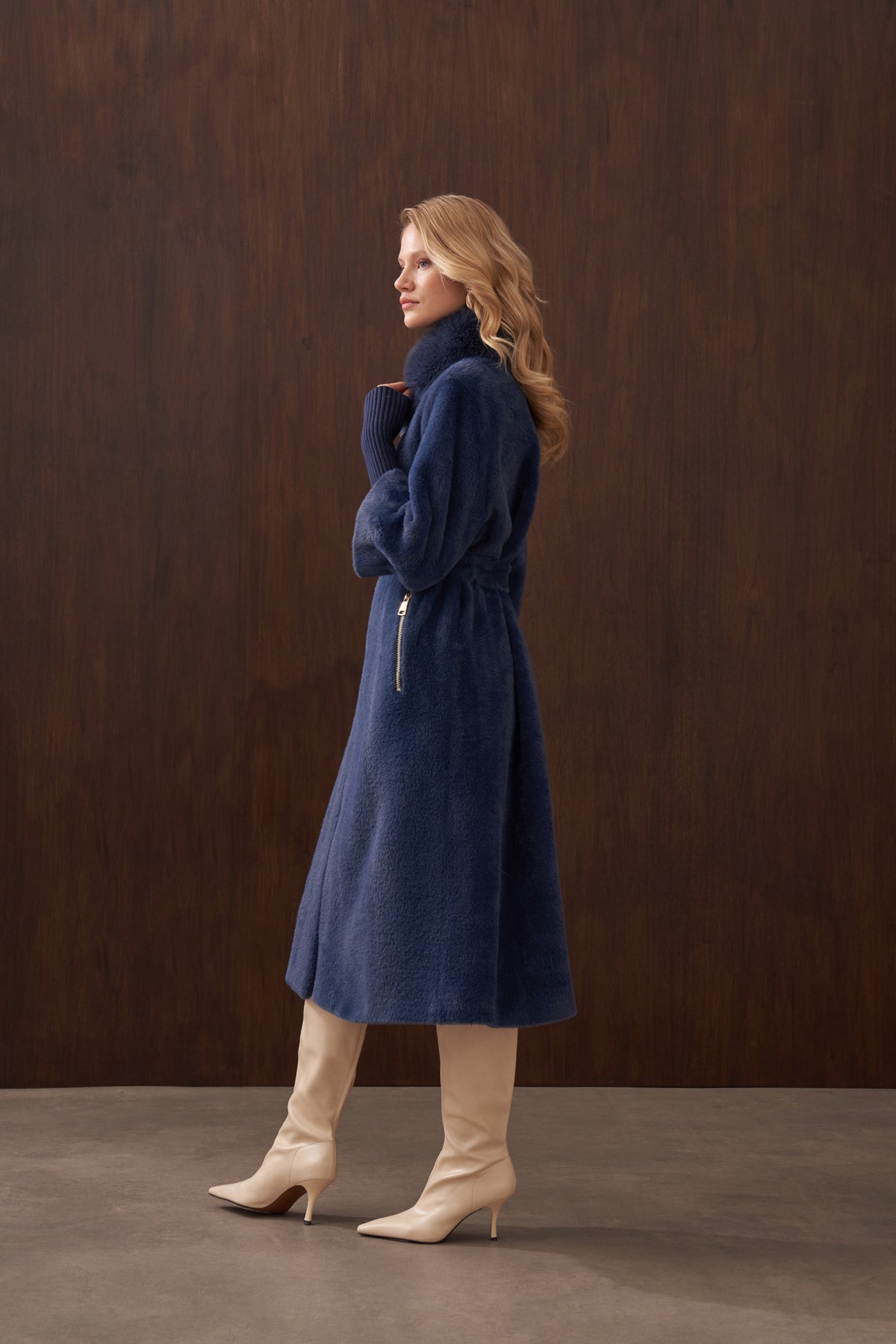 Fermuar Triko ve Kürk Detaylı Angora Kaban - indigo