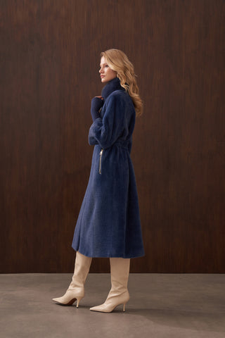 Fermuar Triko ve Kürk Detaylı Angora Kaban - indigo