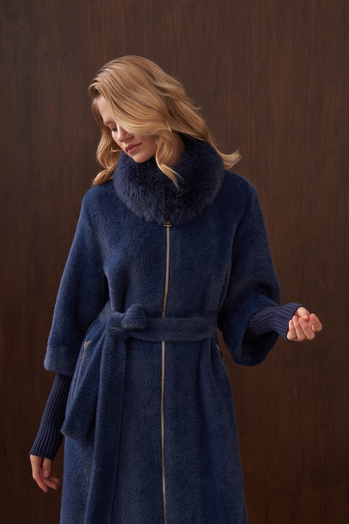 Fermuar Triko ve Kürk Detaylı Angora Kaban - indigo