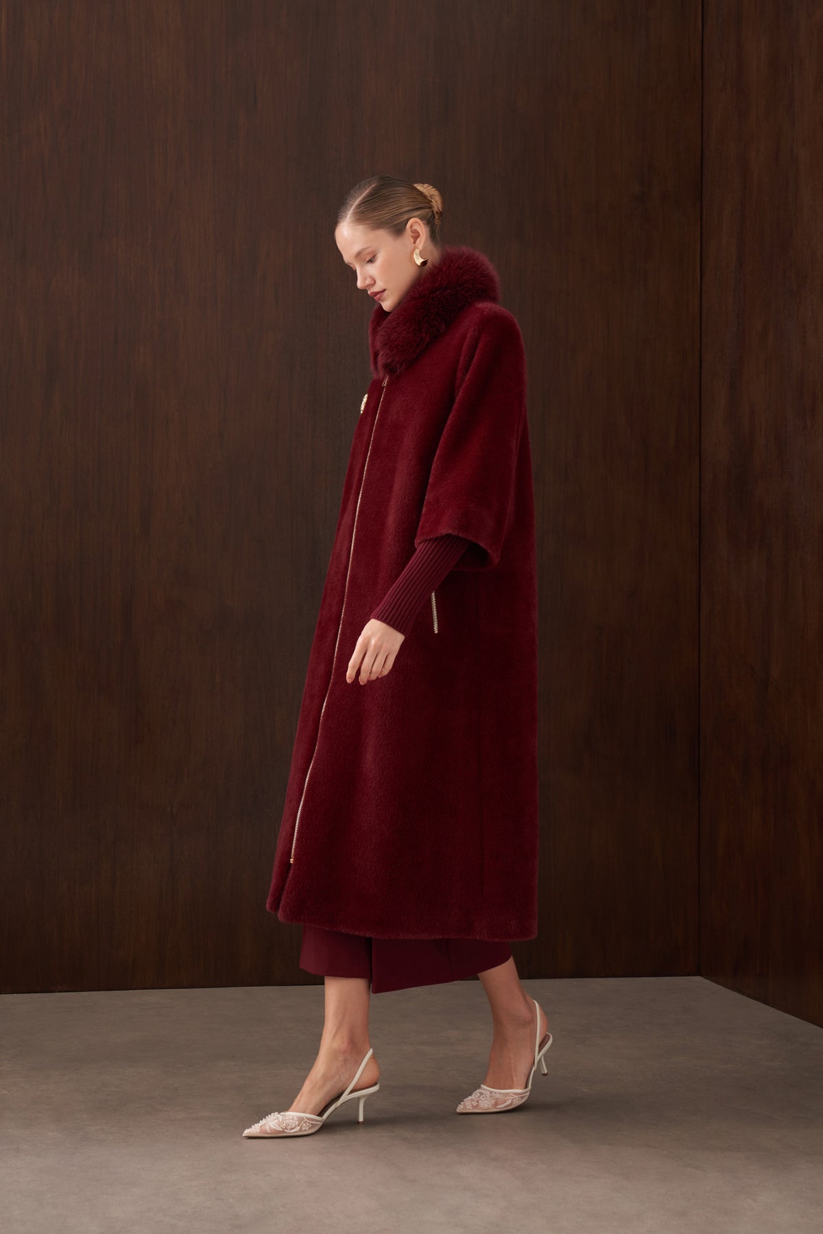 Fermuar Triko ve Kürk Detaylı Angora Kaban - bordo